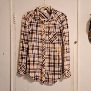 plaid destressed cotton flannel Snap Button Down with Pockets